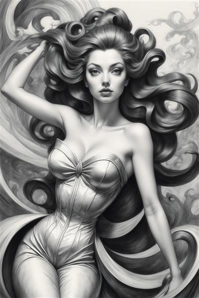 طرح پرتره زن با لباس دکلته و موهای پرحجم سیاه و سفید برای دکور پذیرایی