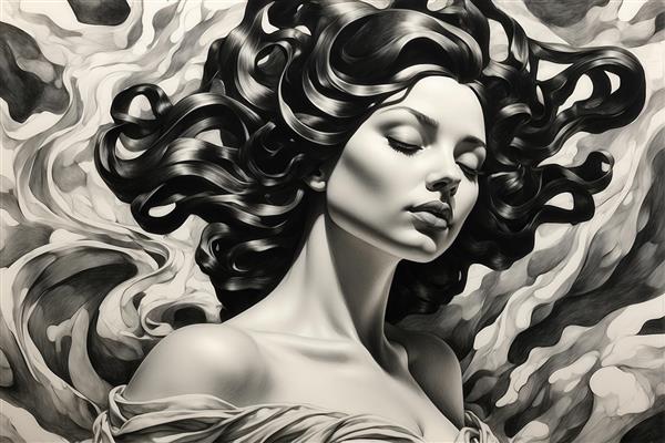 تصویر پرتره زن با چشمان بسته و موهای تیره موج‌دار سیاه و سفید برای کوسن