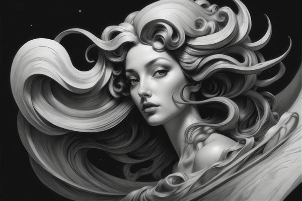 عکس پرتره زن با موهای بلند پرحجم و استایل سیاه و سفید برای پوستر شیک