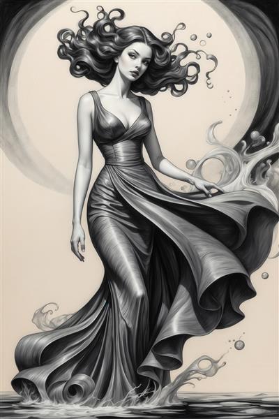طرح زن با لباس بلند مجلسی و موهای پرپیچ و تاب سیاه و سفید برای تابلو
