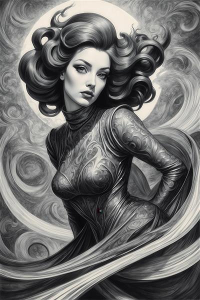 عکس زن با لباس مشکی و موهای پر حجم در پس‌زمینه آبستره سیاه و سفید