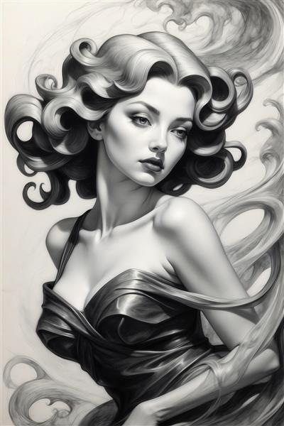 طرح پرتره زن با لباس ساتن مشکی و موهای موج‌دار به سبک سیاه و سفید