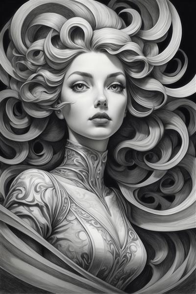 تصویر پرتره زن با لباس نقش‌دار و موهای پرحجم سیاه و سفید برای تابلو