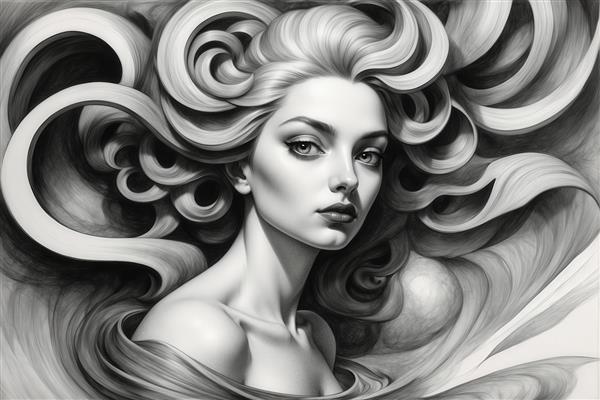 عکس زن با موهای بلند و موج‌دار به سبک طراحی سیاه و سفید برای دکور مینیمال