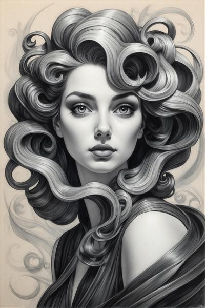 طرح پرتره زن با موهای فرفری و حالت کلاسیک سیاه و سفید برای تابلو شیک