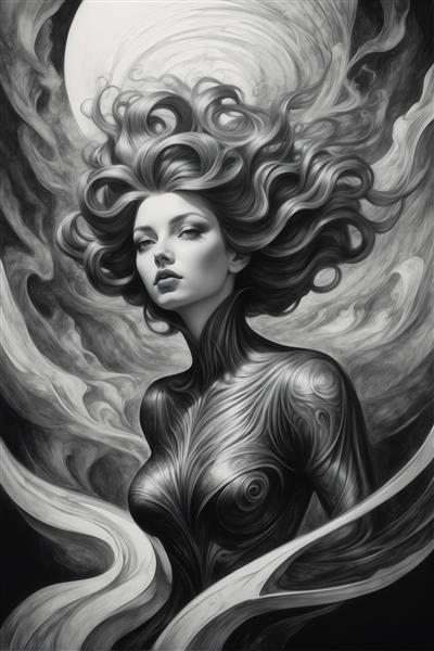 عکس پرتره زن با موهای فرفری و طرح‌های بدن سیاه و سفید برای پوستر دیواری