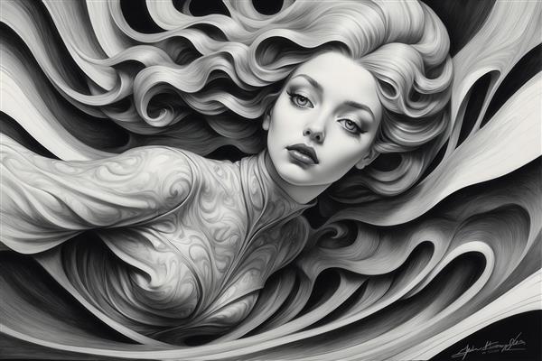 تصویر زن با موهای بلند و موج‌های سیاه و سفید برای چاپ روی کوسن و پرده