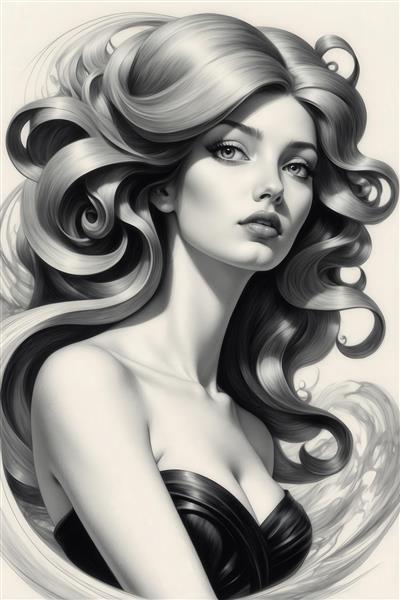 طرح پرتره زن با موهای موج‌دار سیاه و سفید برای تابلو دکوراتیو مینیمال