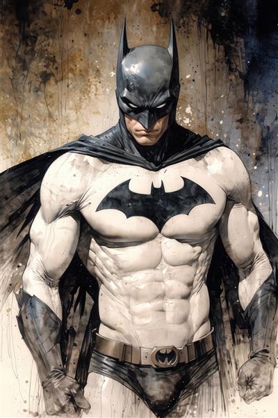 عکس بتمن با بدن سفید عضلانی و آبرنگ قهوه‌ای برای تابلو دکوراتیو