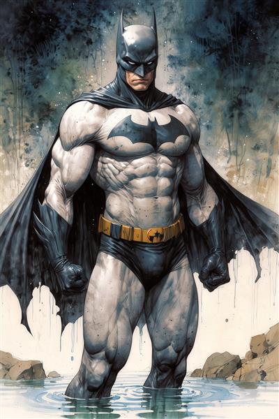 تصویر بتمن با استایل آبرنگی سفید و سیاه برای پوستر اتاق گیمینگ