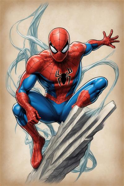 تصویر اسپایدرمن با لباس کلاسیک روی صخره برای چاپ روی کوسن باکیفیت