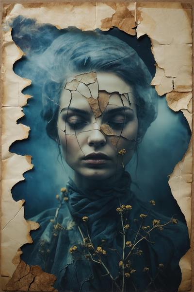 طرح پرتره زن غمگین با پارگی کاغذ و ریشه‌های خشک برای تابلو اتاق خواب