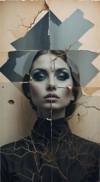 عکس پرتره زن با صورت چند تکه و ریشه‌های خشک برای پوستر دارک فانتزی