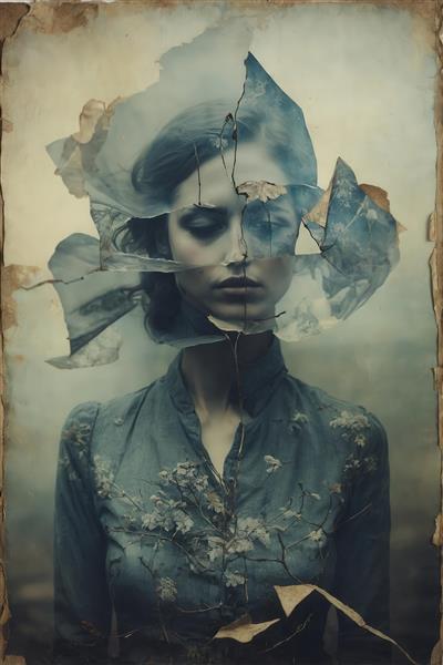 عکس پرتره زن با پارگی‌های آبرنگی و لباس گلدوزی شده برای تابلو سورئال