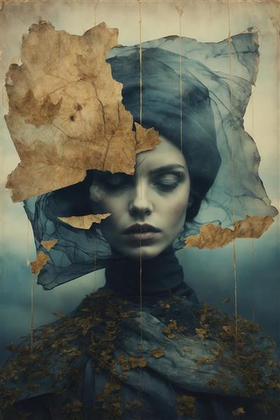 طرح پرتره زن با برگ‌های خشک و پارگی کاغذ قهوه‌ای برای چاپ روی ماگ و کوسن