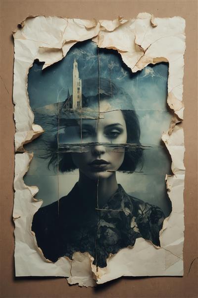 عکس پرتره زن با تصویر کلیسای سنگی شکافته شده برای تابلو سورئال مرموز