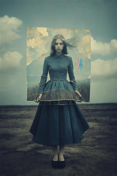 تصویر دختر ایستاده در صحرا با عکس پاره منظره برای پوستر دکوراتیو مه‌آلود