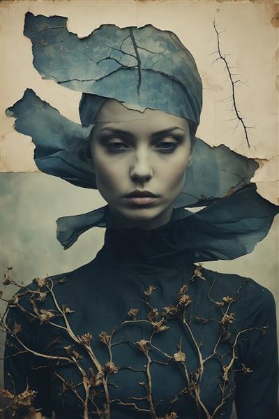 طرح پرتره زن با ریشه‌های خشک و پارگی پارچه‌ای روی سر برای تابلو گوتیک