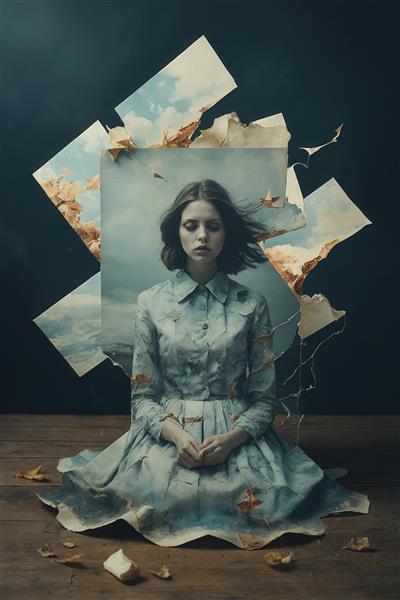 عکس دختر نشسته در اتاق با قاب‌های پاره شده‌ی آسمان برای چاپ روی کوسن