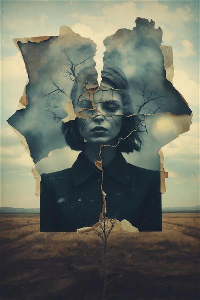 تصویر پرتره زن در قاب پاره شده با تَرک‌های درخت برای تابلو دکوراتیو خشک