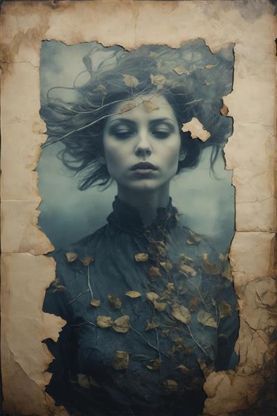 طرح پرتره زن با برگ‌های پاییزی روی مو و لباس برای پوستر گوتیک و سورئال