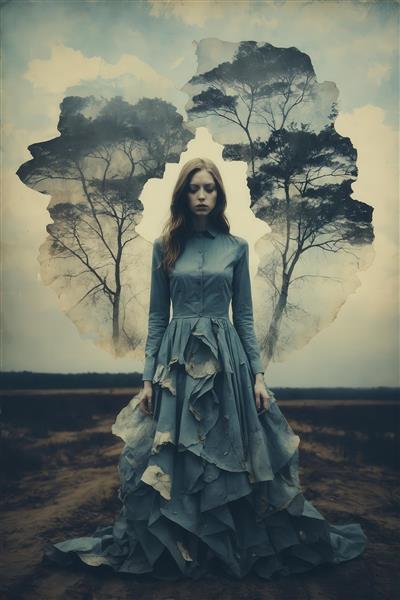عکس دختر غمگین با لباس دنباله‌دار و درختان پشت سر برای تابلو دارک فانتزی