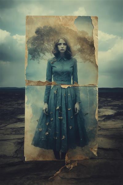 تصویر دختر با لباس آبی تیره و درخت در کادر پاره برای چاپ روی کوسن و ماگ