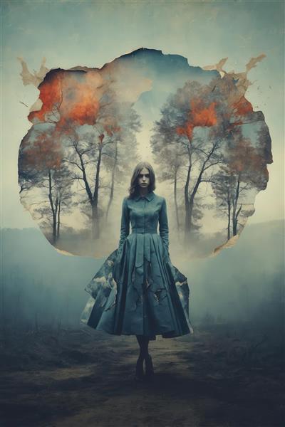 عکس دختر گوتیک در مه با فضای غم‌انگیز برای چاپ روی تابلو دکوراتیو مرموز