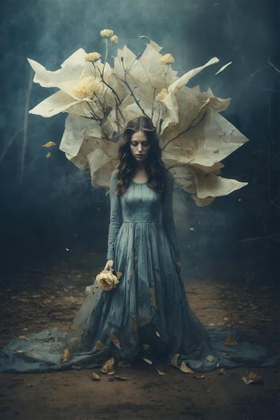 طرح دختر غمگین گوتیک با گل‌های زرد کاغذی برای پوستر دارک فانتزی
