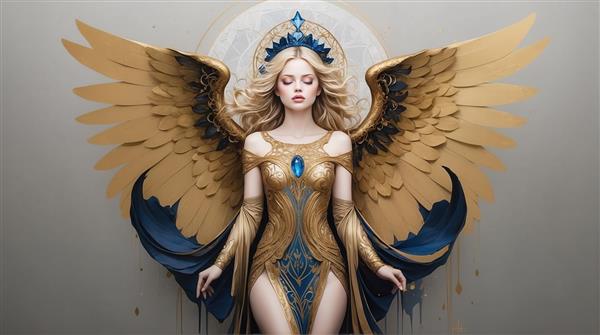 تصویر فرشته زیبای زن با بال طلایی و لباس آبی سلطنتی برای تابلو اتاق خواب