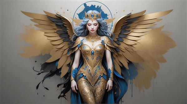 عکس فرشته با بال طلایی و موی آبی برای چاپ عریض روی پرده و روتختی
