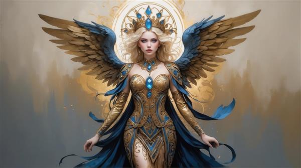 طرح زن بالدار و تاجدار با لباس فاخر طلایی و آبی برای دکوراسیون پذیرایی