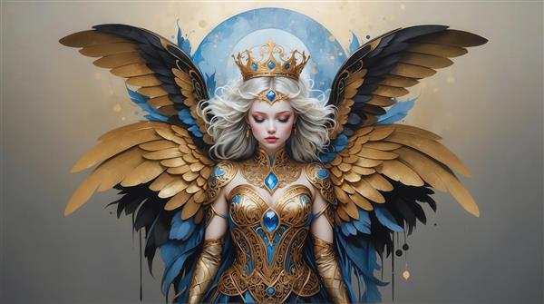 عکس پرتره فرشته با تاج و بال‌های بزرگ طلایی برای تابلو نشیمن شیک