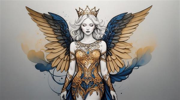 تصویر ملکه فرشته‌های فانتزی طلایی و آبی خطی برای پوستر دیواری باکیفیت