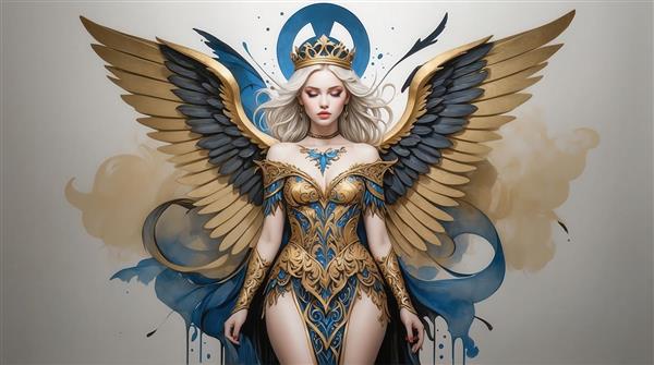 طرح زن بالدار فانتزی طلایی و آبی با سبک آبرنگی برای چاپ روی پرده