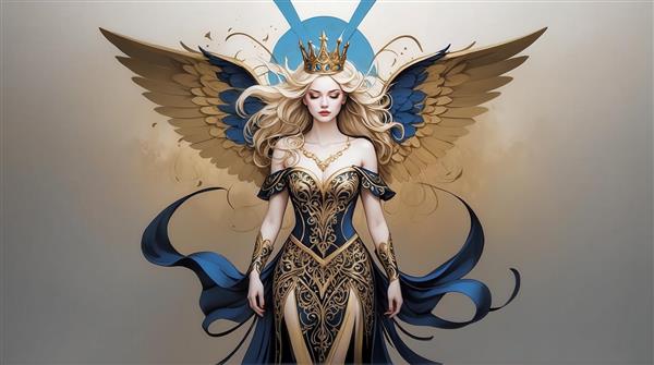 عکس فرشته بالدار زن با لباس طلایی و آبی برای تابلو دکوراتیو لوکس