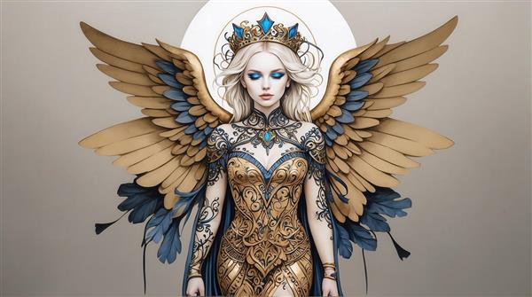 تصویر زن بالدار طلایی با لباس دکلته و بال‌های مشکی آبی