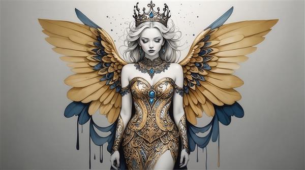 طرح فرشته کودک بالدار طلایی با توپ آبی برای تابلو دکوراتیو