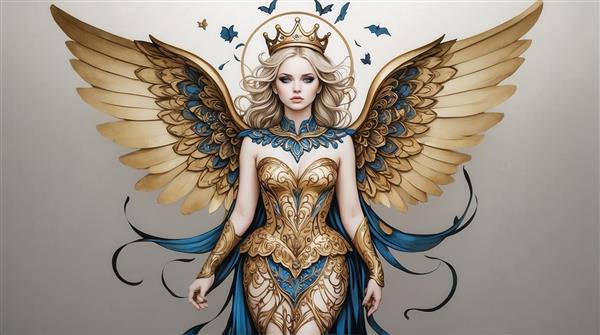 تصویر فرشته کودک بالدار طلایی با لباس آبی برای اتاق بچه