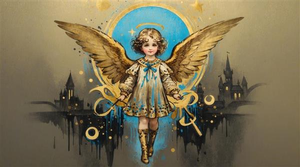 طرح فرشته با لباس مجلل طلایی و نگین آبی برای چاپ دکوراتیو