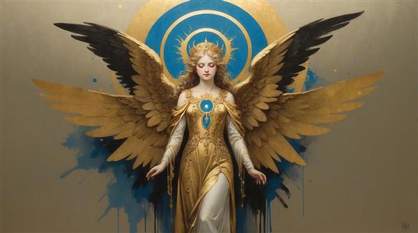 عکس زن بالدار طلایی با لباس آبی و زمینه دایره‌ای برای پوستر