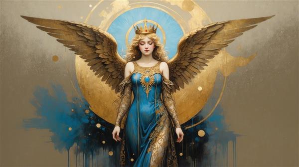 تصویر ملکه‌ی بالدار با موی آبی و لباس طلایی پولکی برای تابلو