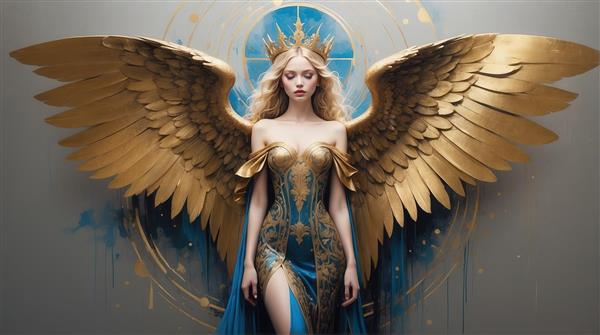 عکس فرشته با لباس طلایی براق و بال‌های آبی تیره برای پوستر