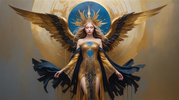 طرح ملکه‌ی بالدار با تاج طلایی و لباس پر جزئیات برای چاپ