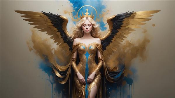 تصویر فرشته با بال‌های سیاه و تاج آبی برای تابلو دکوراتیو لوکس