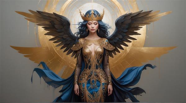طرح ملکه‌ی بالدار با موهای تیره و بال‌های طلایی آبی برای پوستر