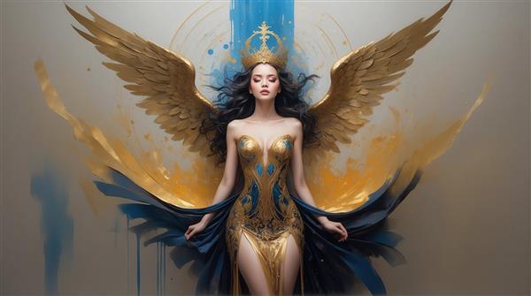 عکس زن بالدار طلایی با تاج بزرگ و بال‌های مشکی برای چاپ