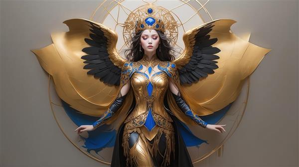 تصویر الهه با لباس آستین بلند طلایی آبی برای تابلو دکوراتیو
