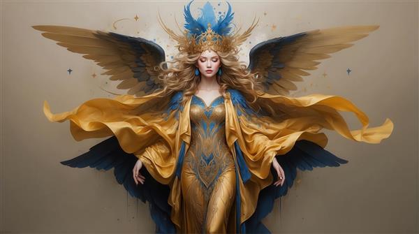 طرح فرشته با بال‌های بزرگ طلایی و موی فر برای پوستر دیواری