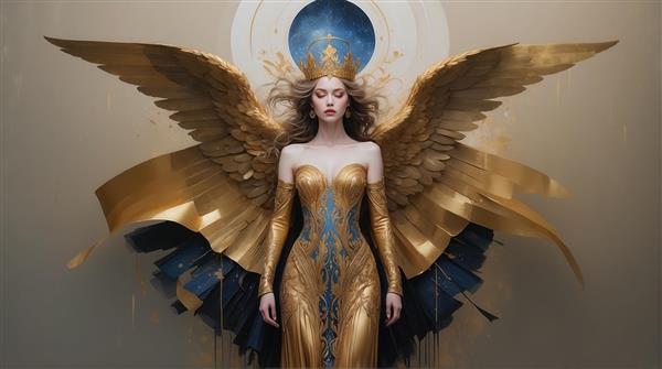 عکس ملکه‌ی بالدار با لباس طلایی و پارچه‌های سیاه برای چاپ